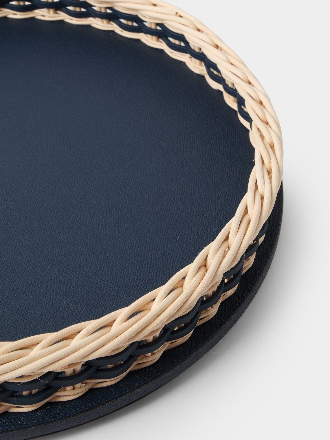 Pigment France - Orsay Leather and Rattan Round Tray (14.5in/37cm) - Blue - ABASK
