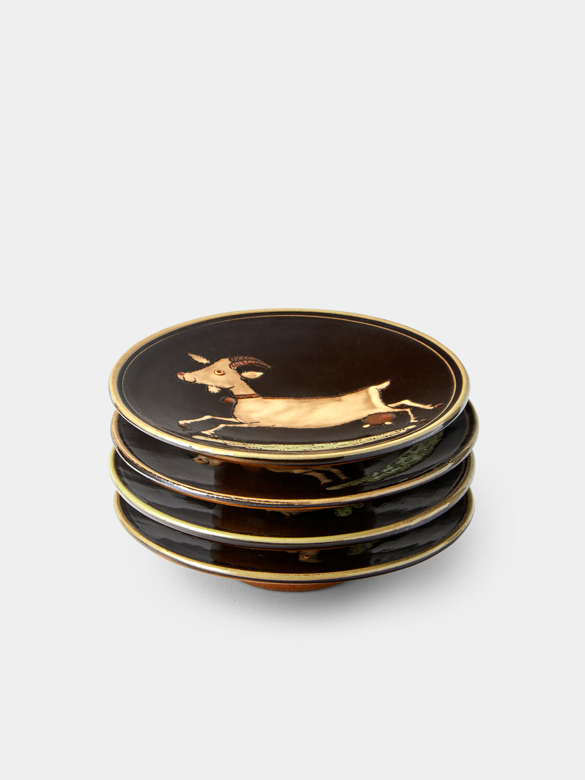 Poterie d’Évires - Animals Hand-Painted Ceramic Plates – 5.5in/14cm (Set of 4) - Dark Brown - ABASK