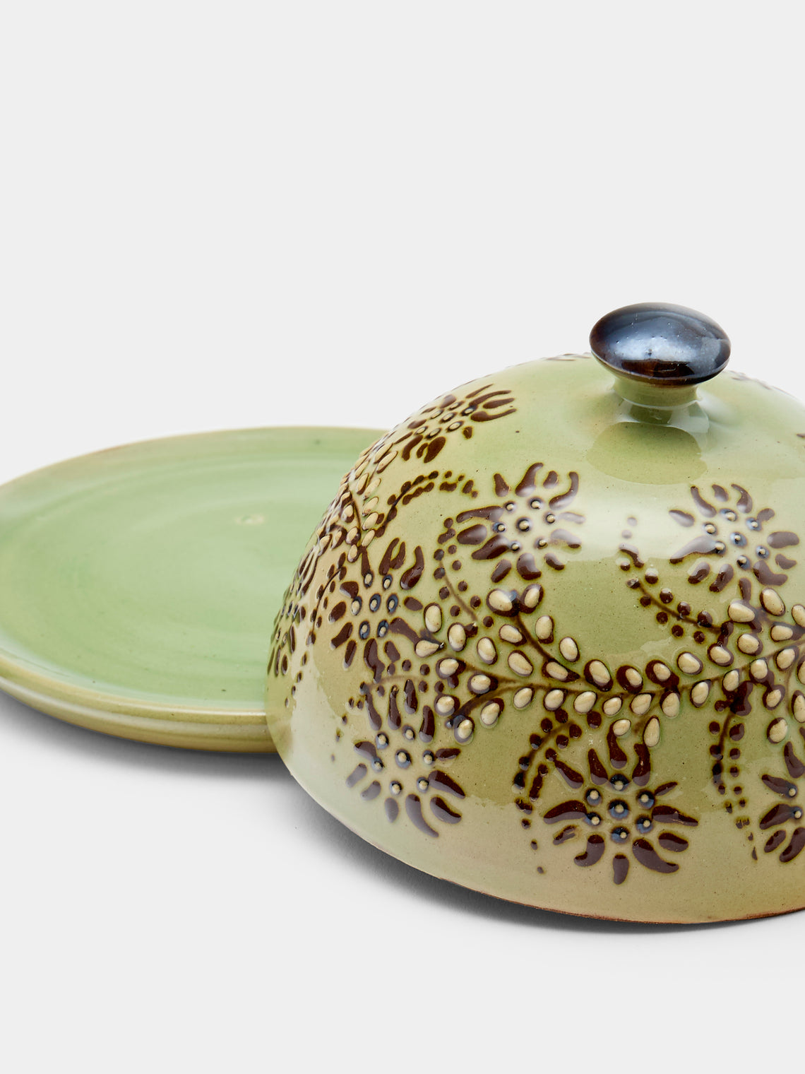 Poterie d’Évires - Flowers Hand-Painted Ceramic Small Butter Dish - Green - ABASK