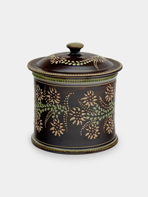 Poterie d’Évires - Flowers Hand-Painted Ceramic Medium Lidded Pot - Dark brown - ABASK - 