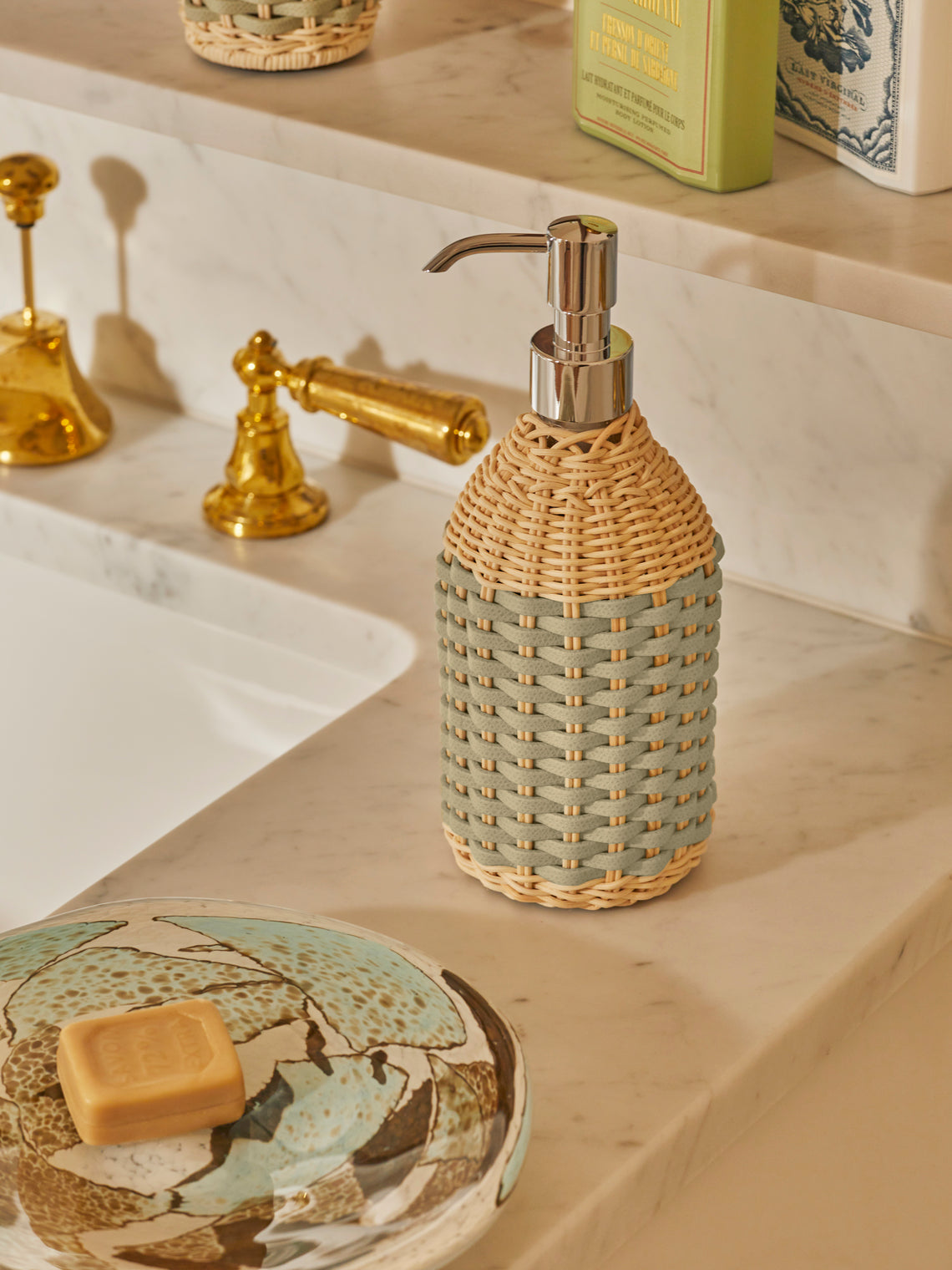 Giobagnara - Rouen Leather and Rattan Soap Dispenser - Light green - ABASK