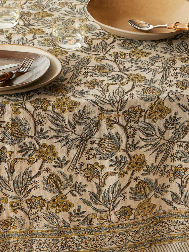 Chamois - Parrot Block-Printed Linen Rectangular Tablecloth (90.5in/2.3m) - Natural - ABASK