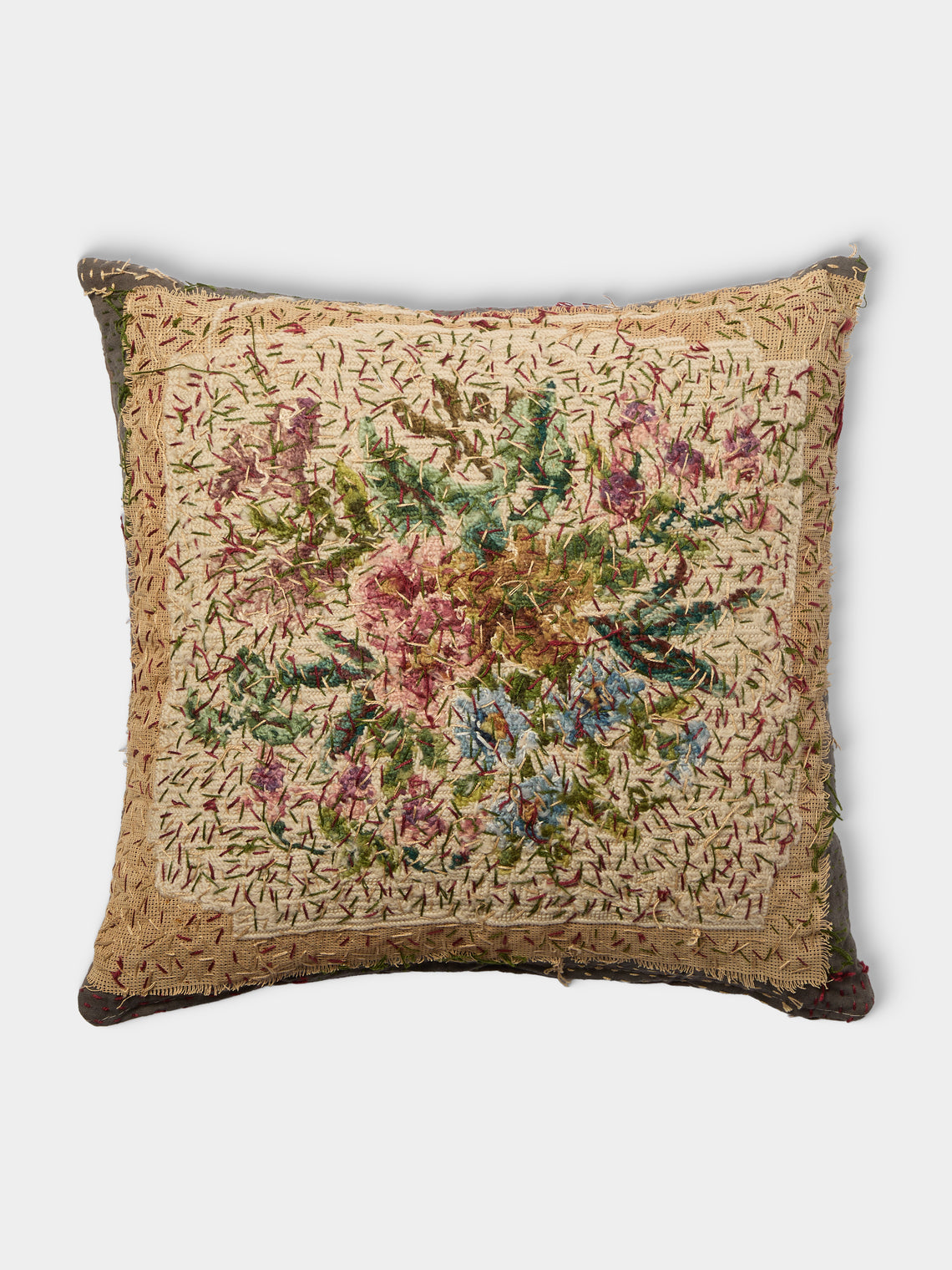 By Walid - 19th-Century Needlepoint Wool, Linen and Cotton Cushion (19.5in/50cm) - Multiple - ABASK - 