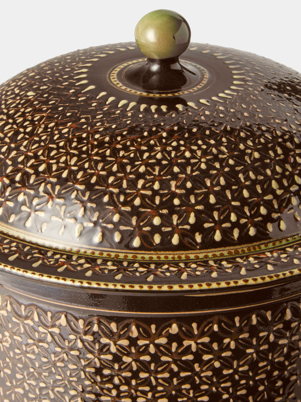 Poterie d’Évires - Geometric Hand-Painted Ceramic Lidded Pot - Dark Brown - ABASK