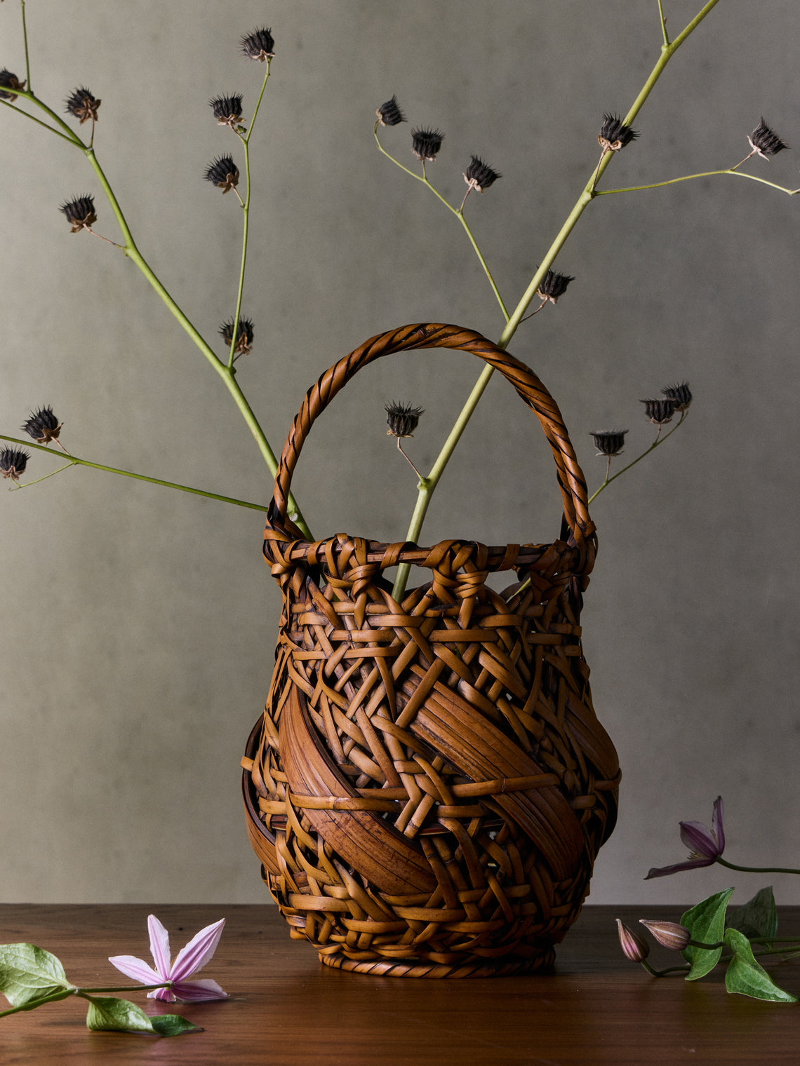 Antique and Vintage - Mid-Century Japanese Bamboo Ikebana Basket - Brown - ABASK