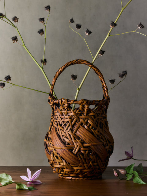 Antique and Vintage - Mid-Century Japanese Bamboo Ikebana Basket - Brown - ABASK