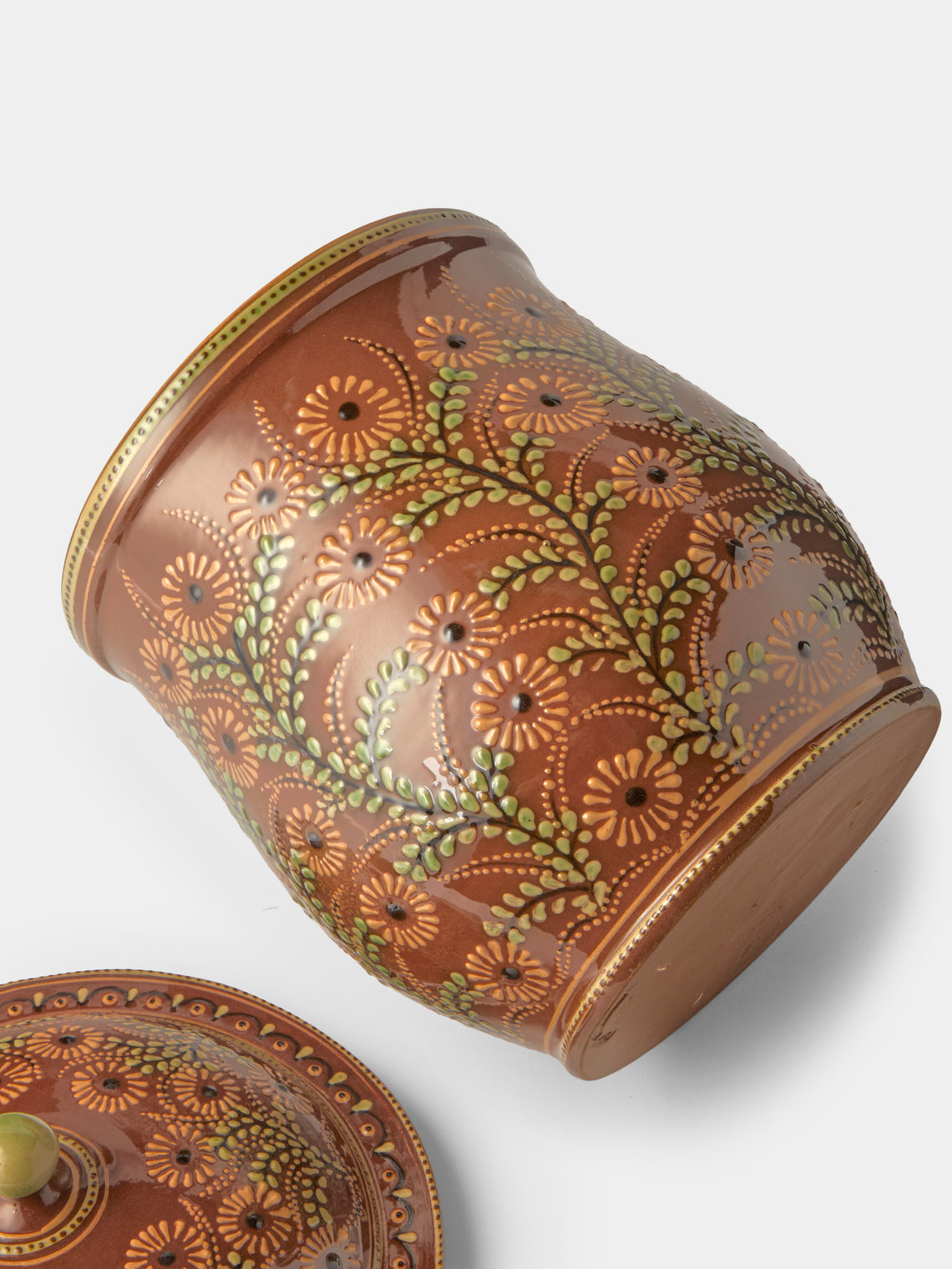 Poterie d’Évires - Flowers Hand-Painted Ceramic Curved Lidded Pot - Light Brown - ABASK