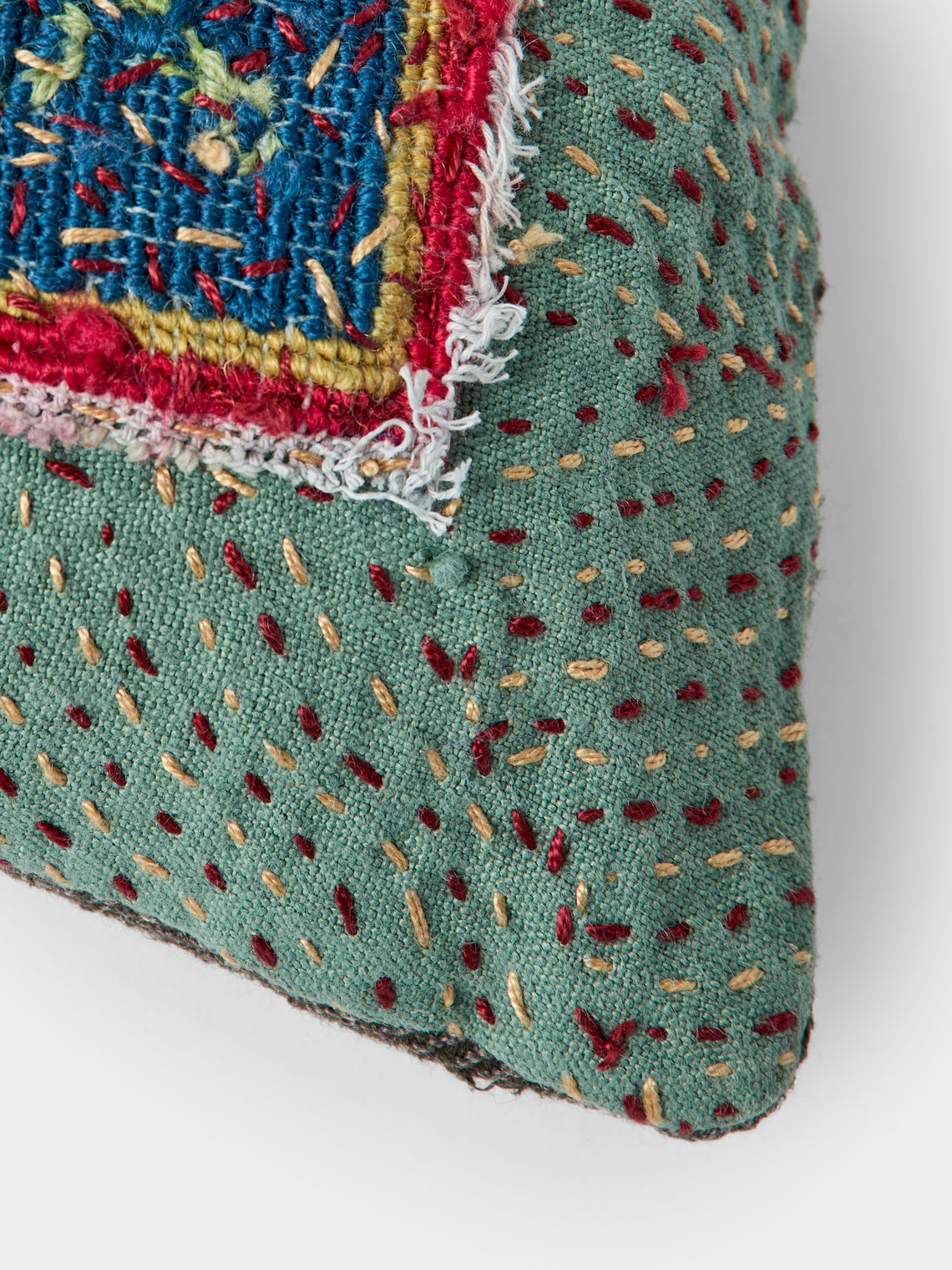 By Walid - 19th-Century English Needlepoint Wool and Linen Cushion (17.5in/45cm) - Blue - ABASK