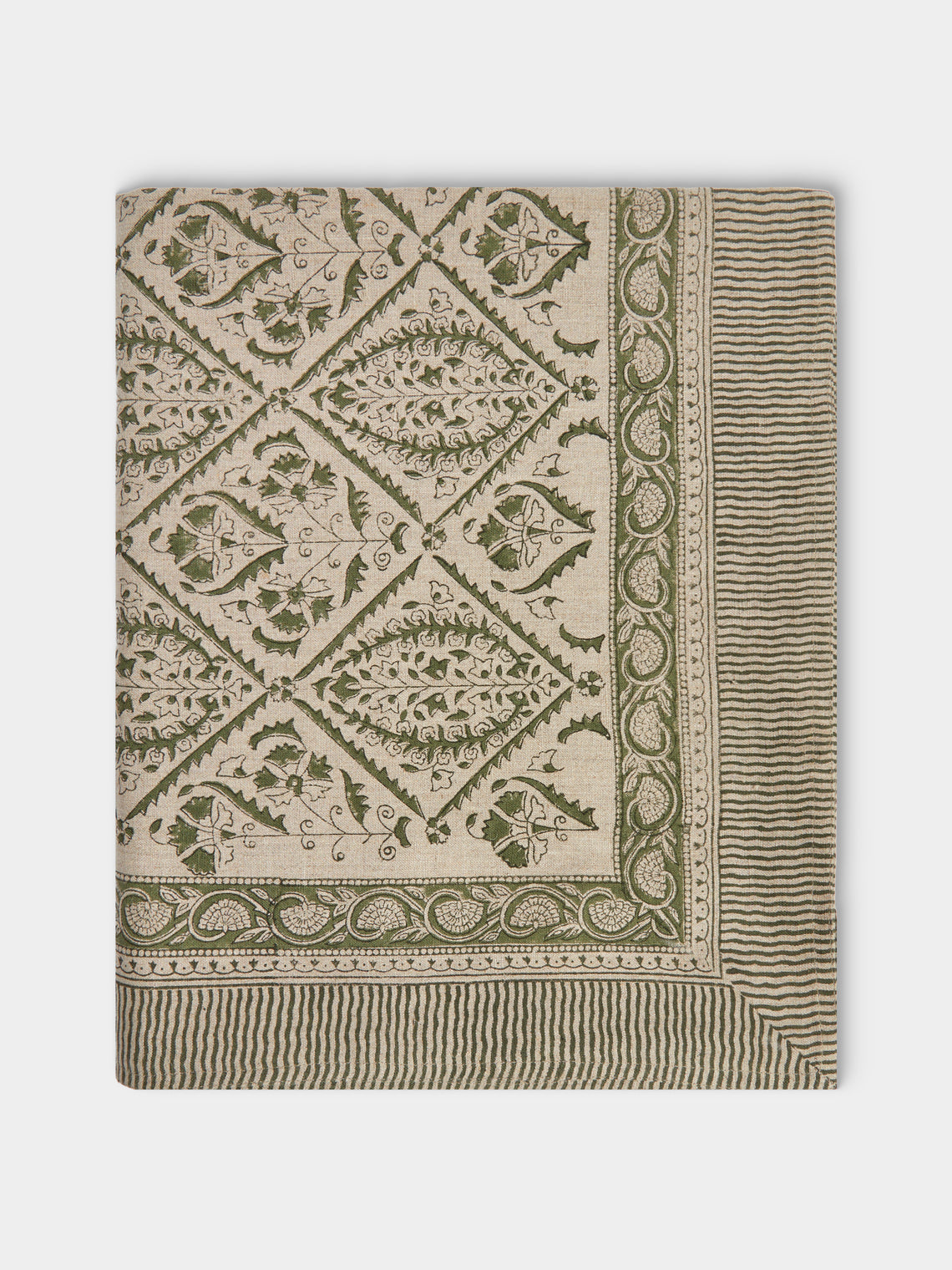 Chamois - Jaipur Block-Printed Linen Rectangular Tablecloth (106.5in/2.7m) - Green - ABASK - 