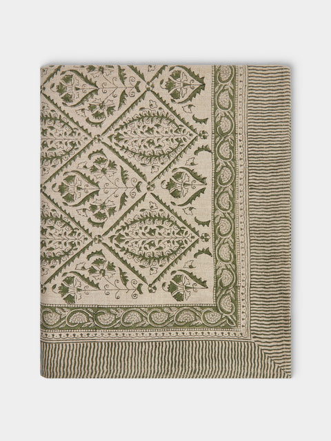 Chamois - Jaipur Block-Printed Linen Rectangular Tablecloth (106.5in/2.7m) - Green - ABASK - 