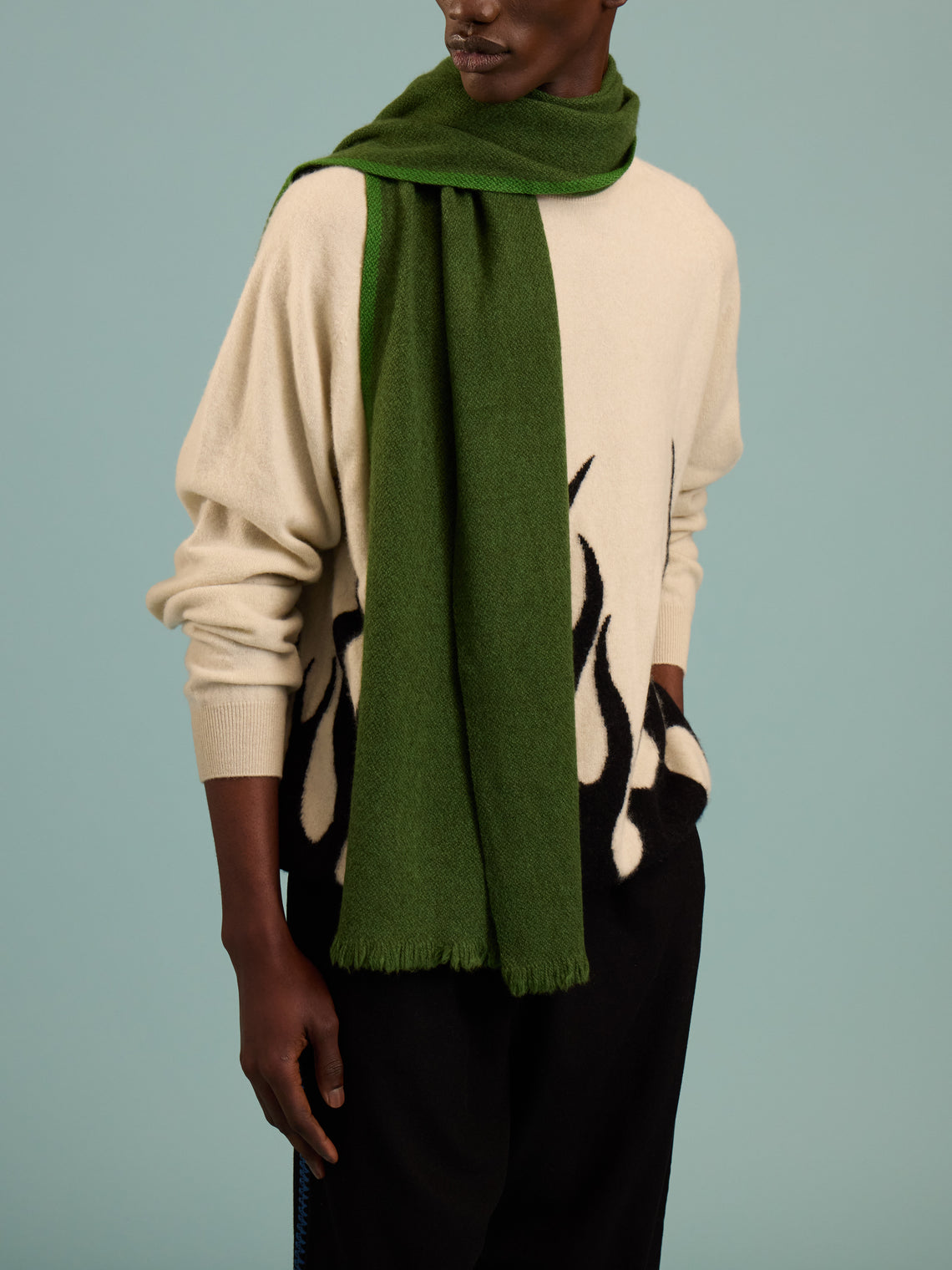 Norlha - Nomad Border Hand-Spun Yak Khullu Skinny Scarf (71in/1.8m) - Green - ABASK