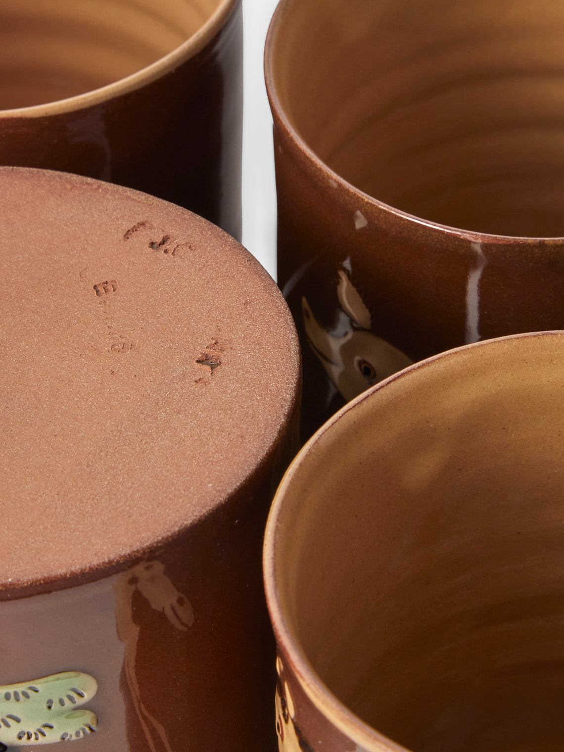 Poterie d’Évires - Animals Hand-Painted Ceramic Mugs (Set of 4) - Light Brown - ABASK