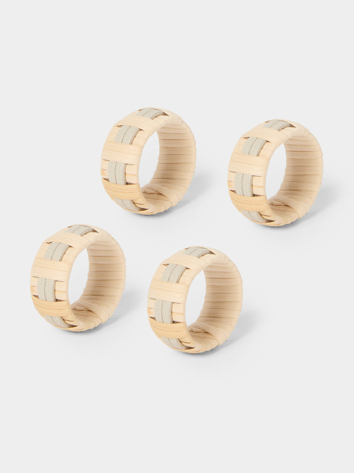 Pigment France - | Set of 4 | Anglet Leather and Rattan Napkin Rings - Cream - ABASK - 