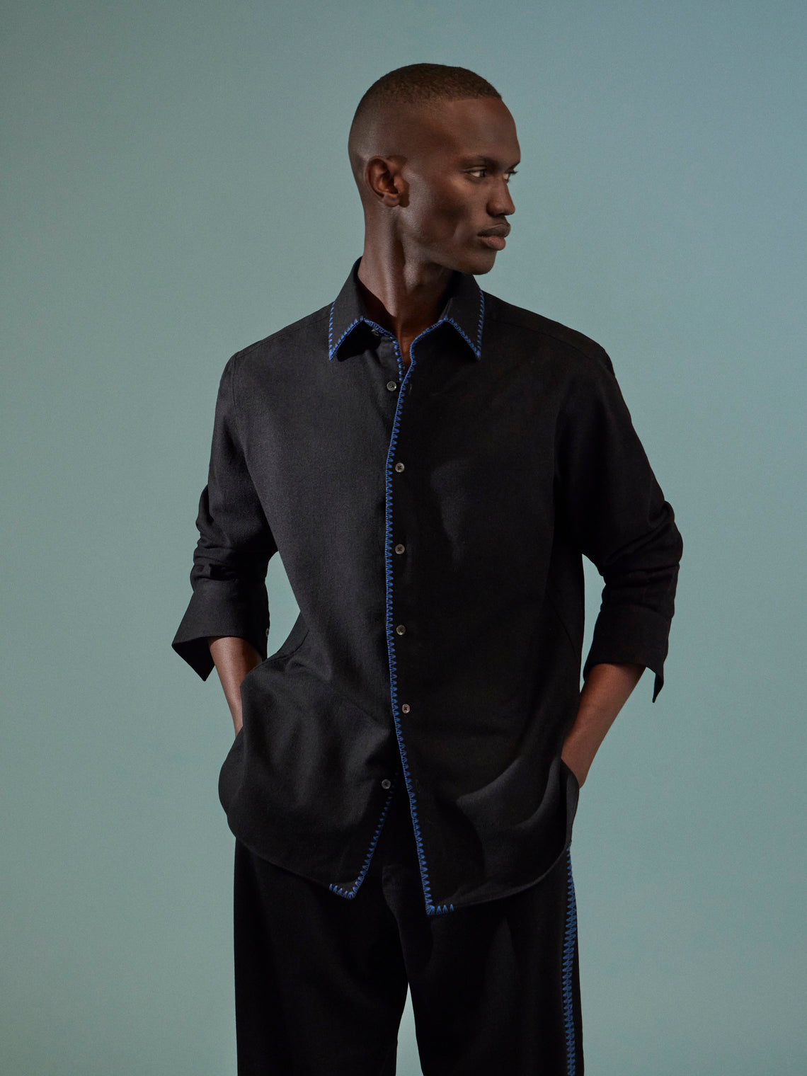 Sebline - Marocaine Hand-Embroidered Wool Pajama Shirt | Size: M/L - Black - ABASK