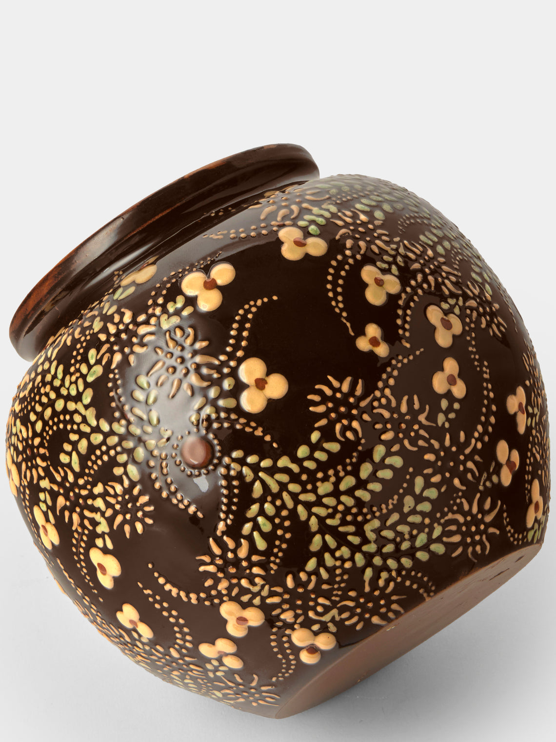 Poterie d’Évires - Flowers Hand-Painted Ceramic Vase (7in/18cm) - Dark Brown - ABASK