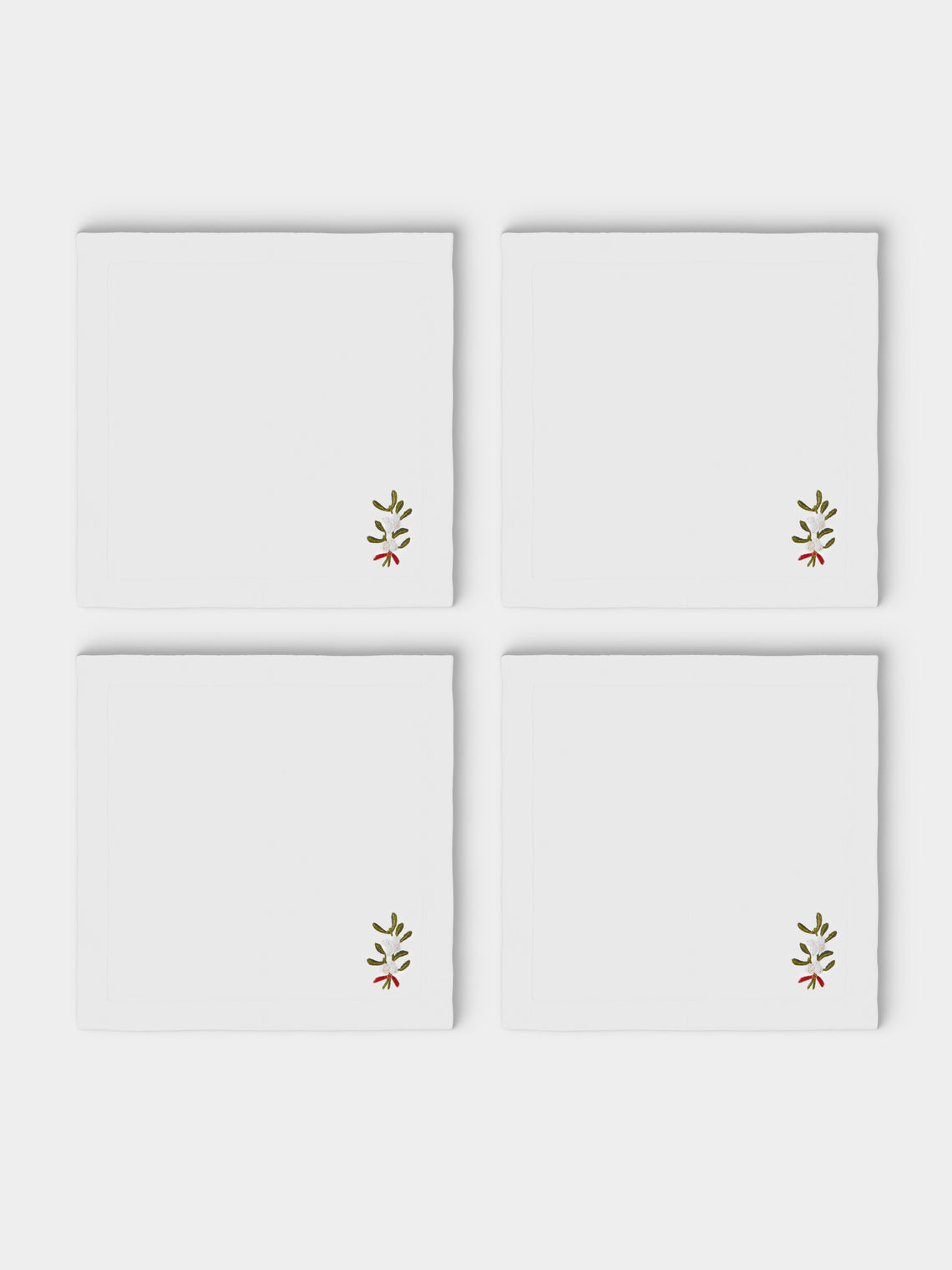 ERI Textiles - | Set of 4 | Mistletoe Bunch Hand-Embroidered Linen Napkins - White - ABASK - 