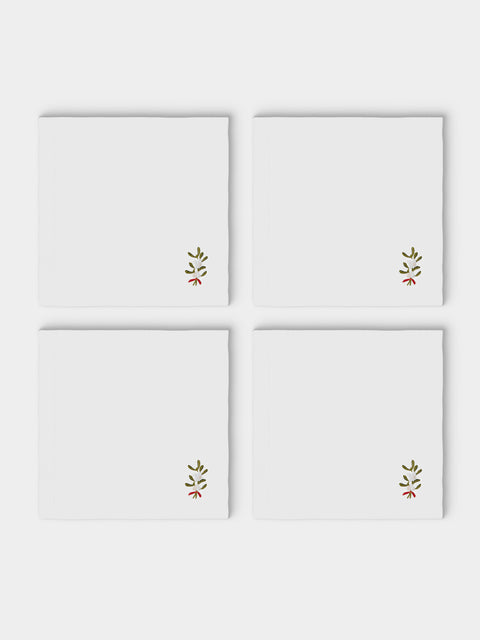 ERI Textiles - | Set of 4 | Mistletoe Bunch Hand-Embroidered Linen Napkins - White - ABASK - 