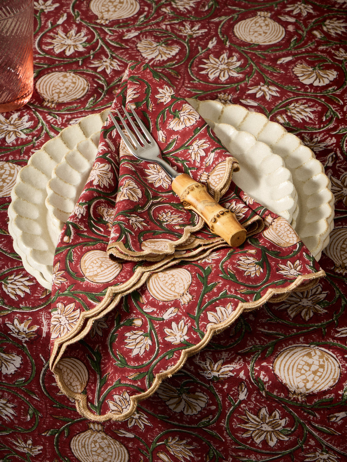 Chamois - | Set of 8 | Tangier Pomegranate Block-Printed Cotton Napkins - Multiple - ABASK