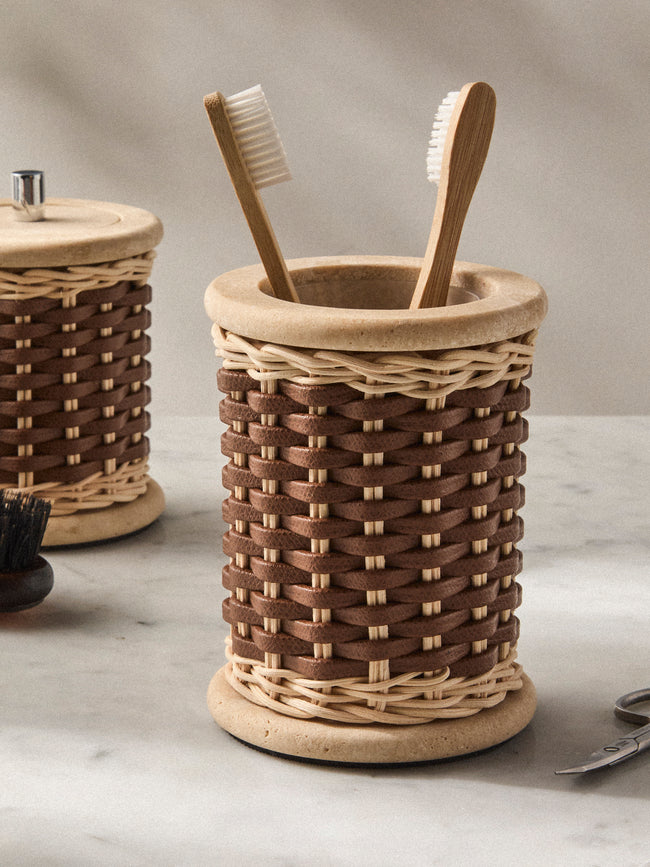 Pigment France - Courbet Leather and Rattan Toothbrush Holder - Brown - ABASK