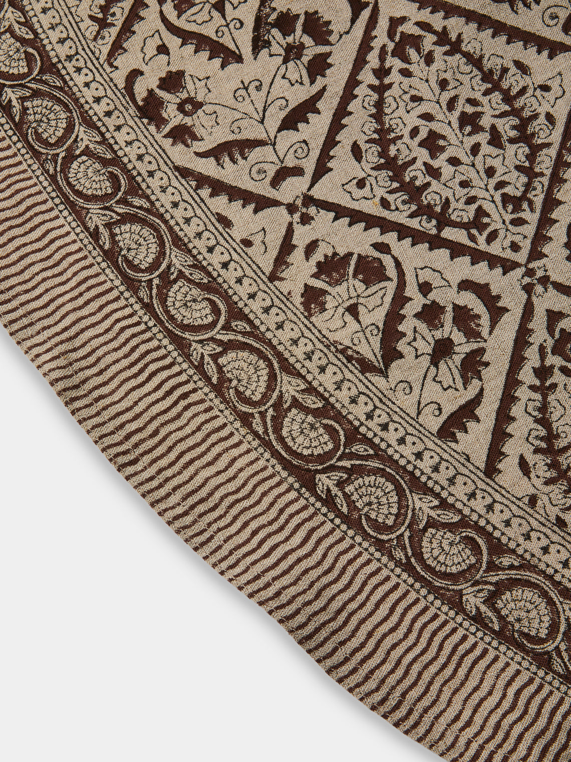 Chamois - Jaipur Block-Printed Linen Round Tablecloth (86.5in/2.2m) - Brown - ABASK