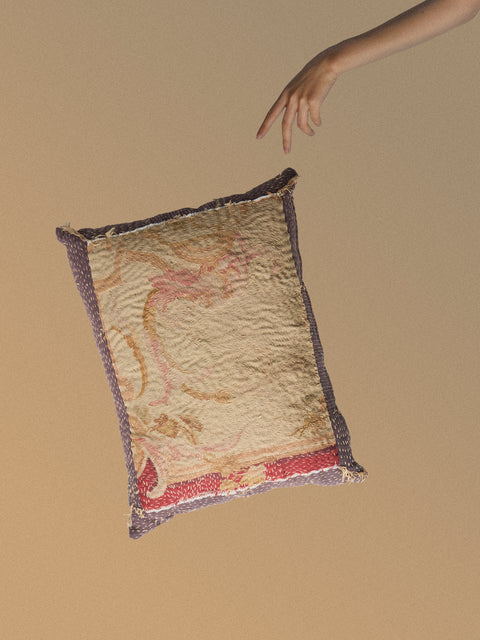 By Walid - 18th-Century French Aubusson Tapestry and Linen Cushion (25.5in/65cm) - Blue - ABASK