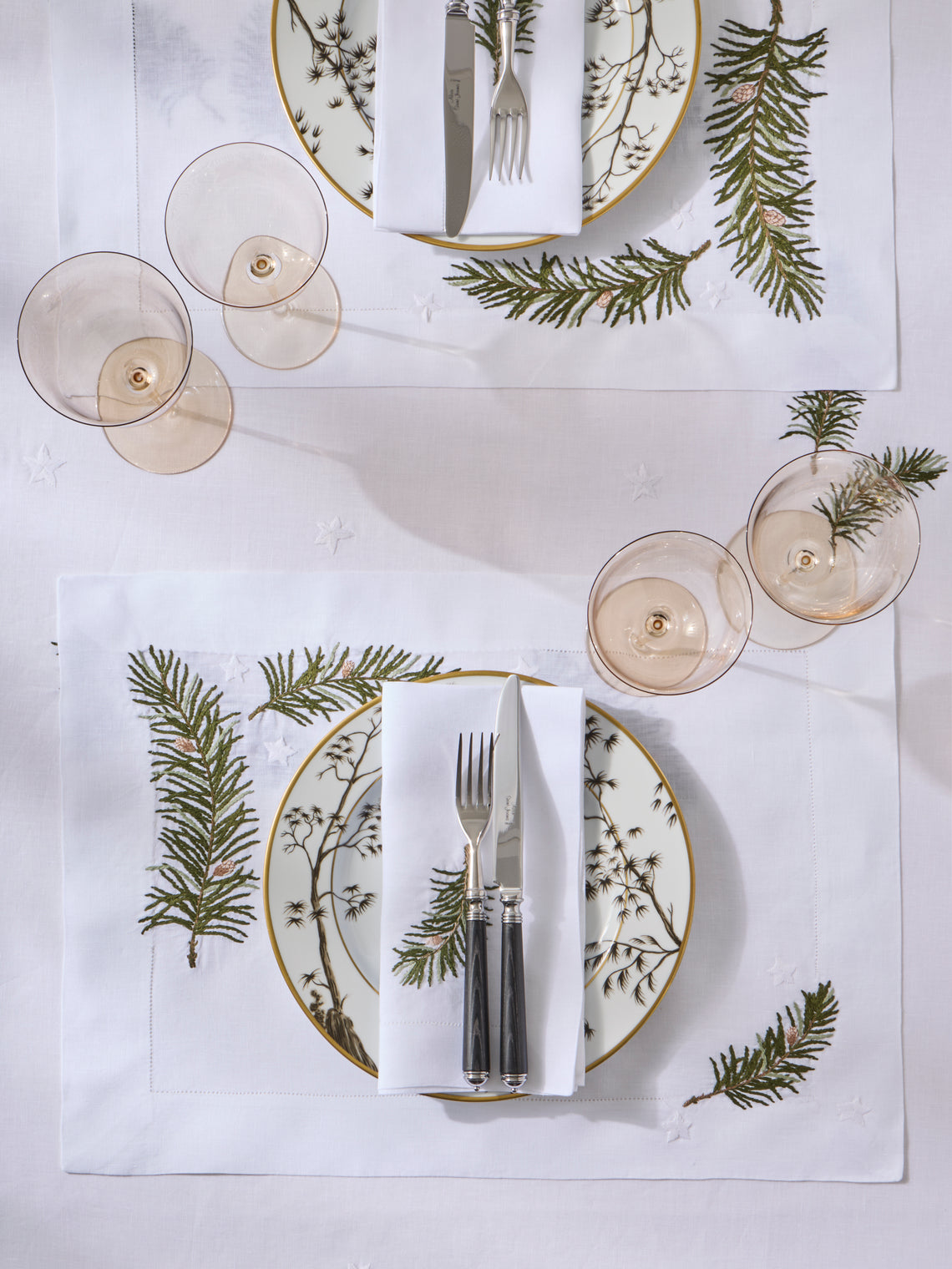 ERI Textiles - | Set of 4 | Christmas Branch Hand-Embroidered Linen Placemats - Multiple - ABASK