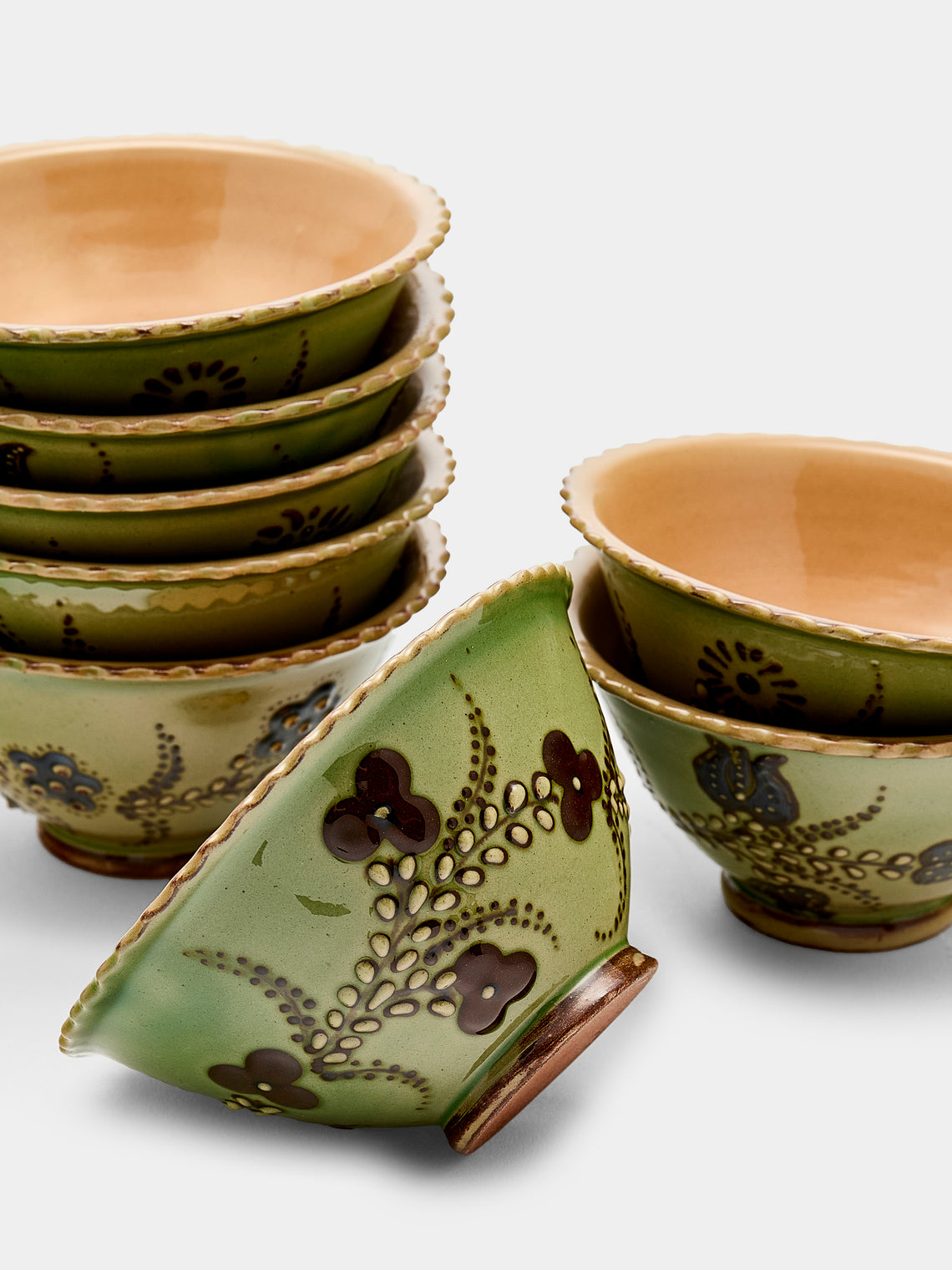 Poterie d’Évires - Flowers Hand-Painted Ceramic Small Fluted Bowls (Set of 8) - Green - ABASK