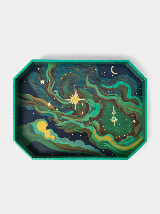 Silvia Furmanovich - Elphaba Sky Marquetry Wood Octagonal Tray (15.5in/40cm) - Multiple - ABASK - 