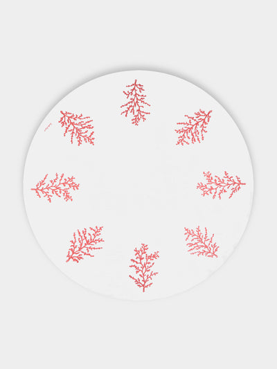 Loretta Caponi - Coral Hand-Embroidered Linen Round Tablecloth (86.5in/2.2m) - White - ABASK - 