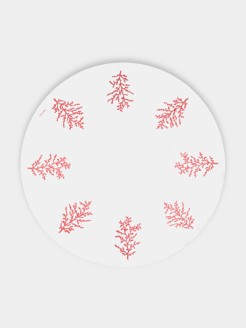 Loretta Caponi - Coral Hand-Embroidered Linen Round Tablecloth (86.5in/2.2m) - White - ABASK - 