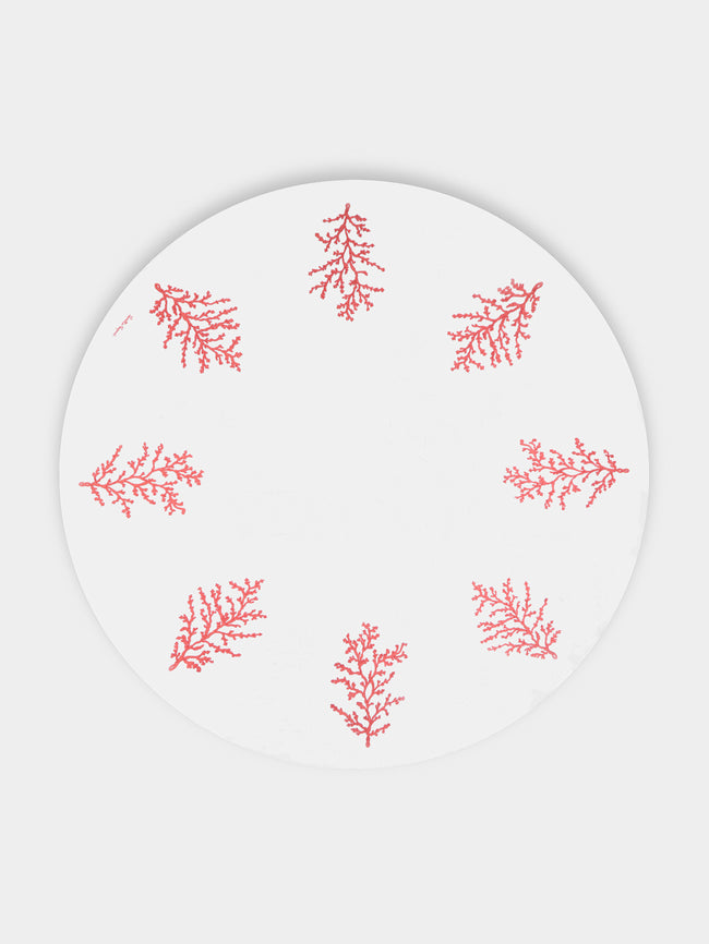 Loretta Caponi - Coral Hand-Embroidered Linen Round Tablecloth (86.5in/2.2m) - White - ABASK - 