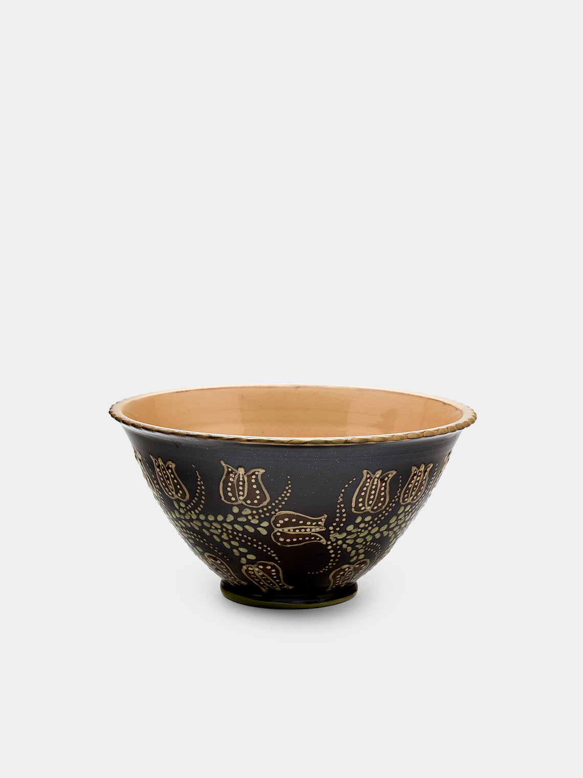 Poterie d’Évires - Flowers Hand-Painted Ceramic Small Fluted Serving Bowl - Dark brown - ABASK - 