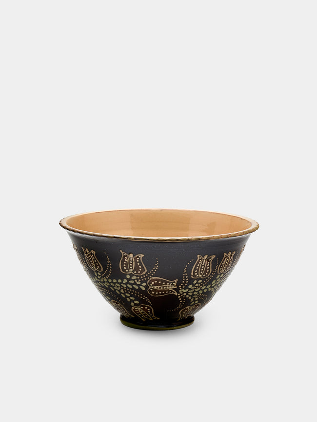Poterie d’Évires - Flowers Hand-Painted Ceramic Small Fluted Serving Bowl - Dark brown - ABASK - 
