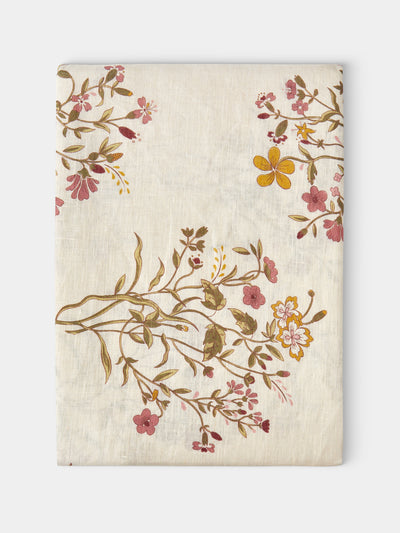 Volga Linen - Scarlet Flax & Field Flowers Overlock-Stitch Linen Rectangular Tablecloth (110in/2.8m) - Cream - ABASK - 