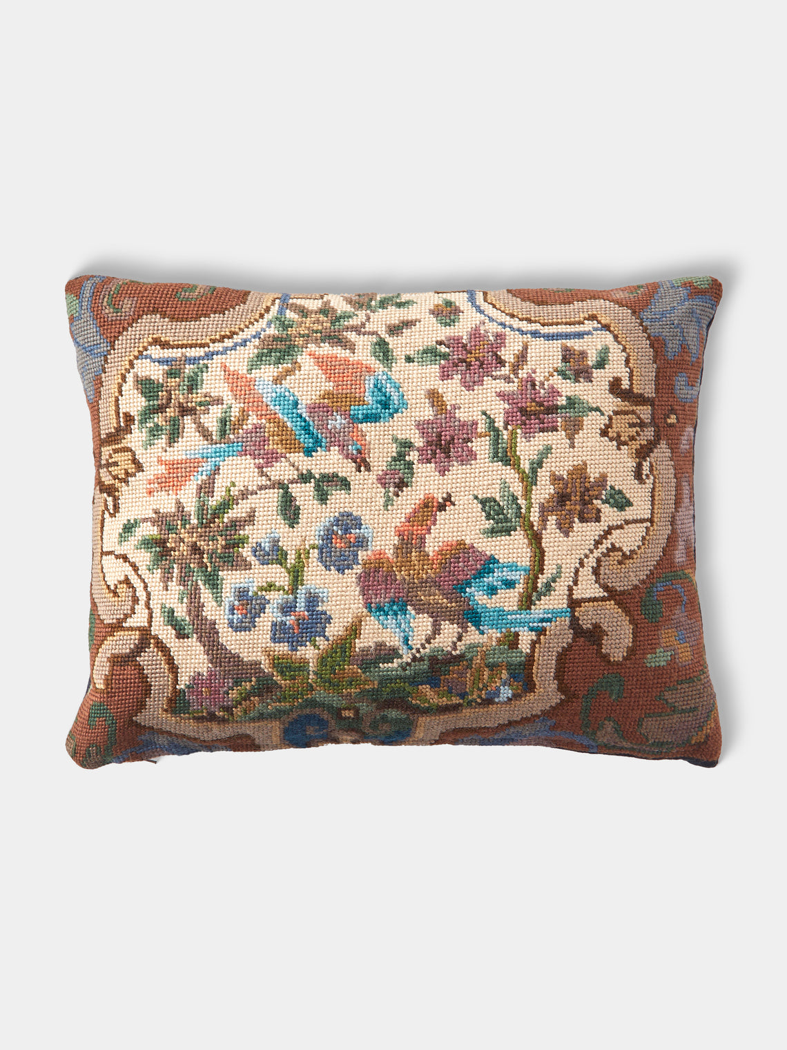 By Walid - 19th-Century Victorian Needlepoint Wool, Linen and Damask Cushion (15.5in/40cm) - Multiple - ABASK - 