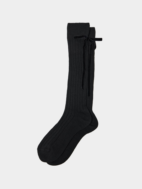 Maria La Rosa - Women's College Velvet Bow Cashmere Knee-High Socks | One Size - Black - ABASK - 