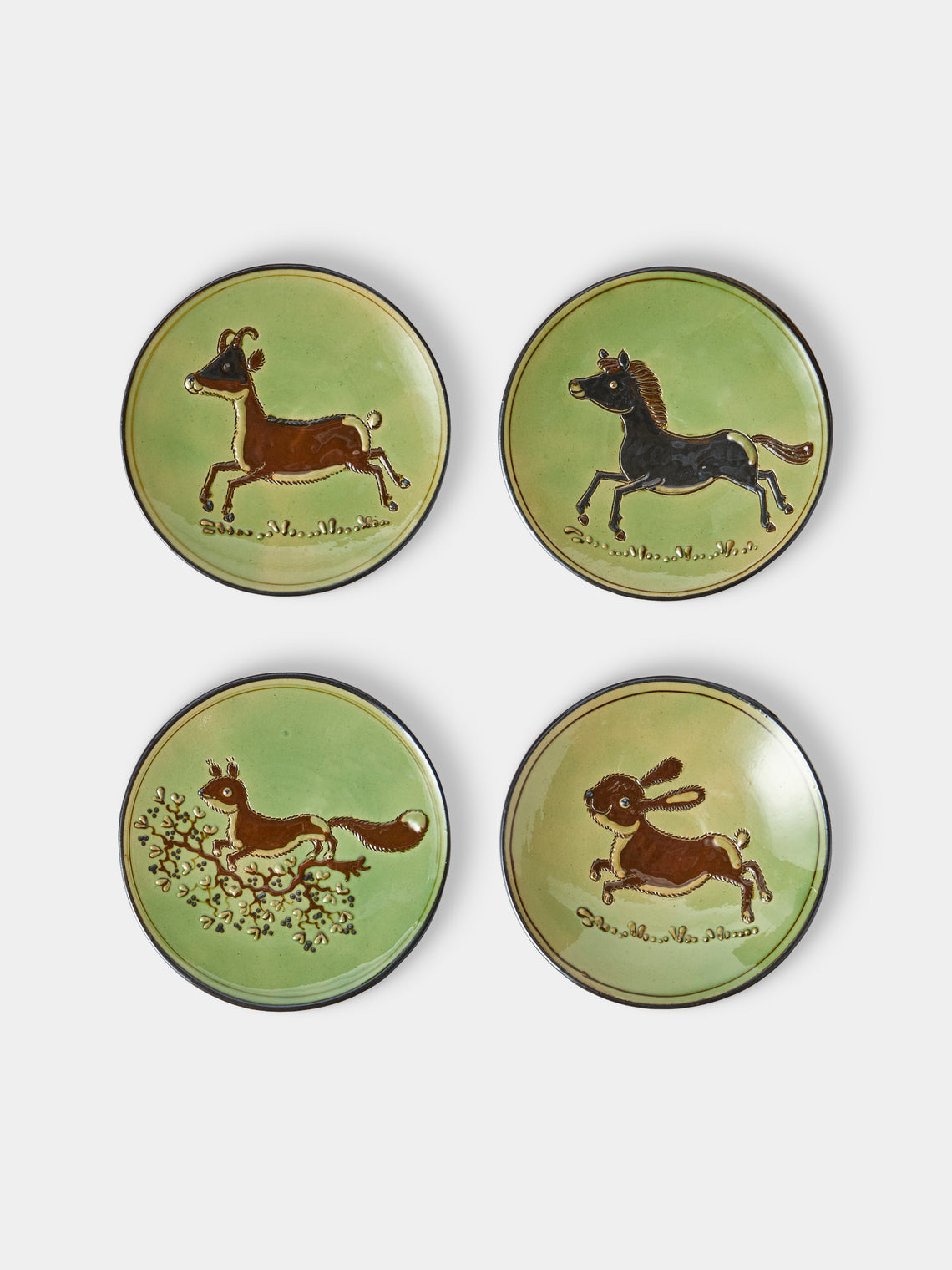 Poterie d’Évires - Animals Hand-Painted Ceramic Plates – 5.5in/14cm (Set of 4) - Green - ABASK - 
