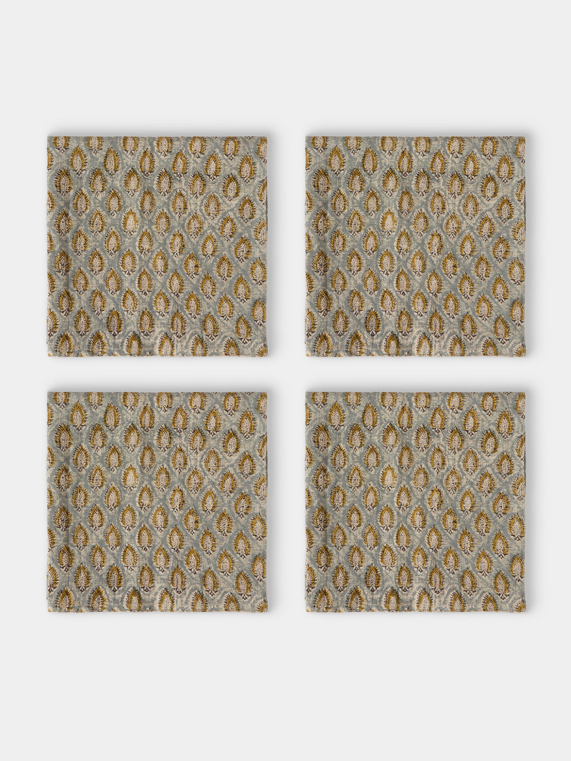 Chamois - Cypress Block-Printed Linen Napkins (Set of 4) - Blue - ABASK - 