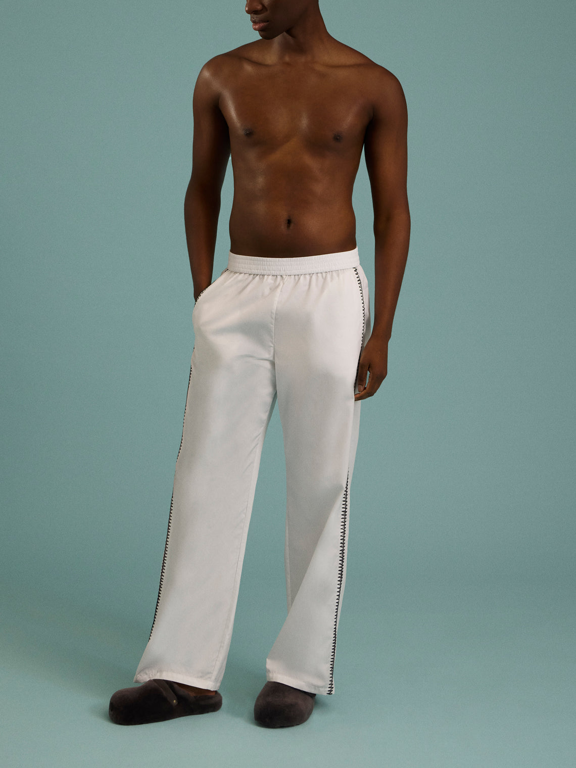 Sebline - Hand-Embroidered Cotton Pajama Trousers | Size: M/L - White - ABASK