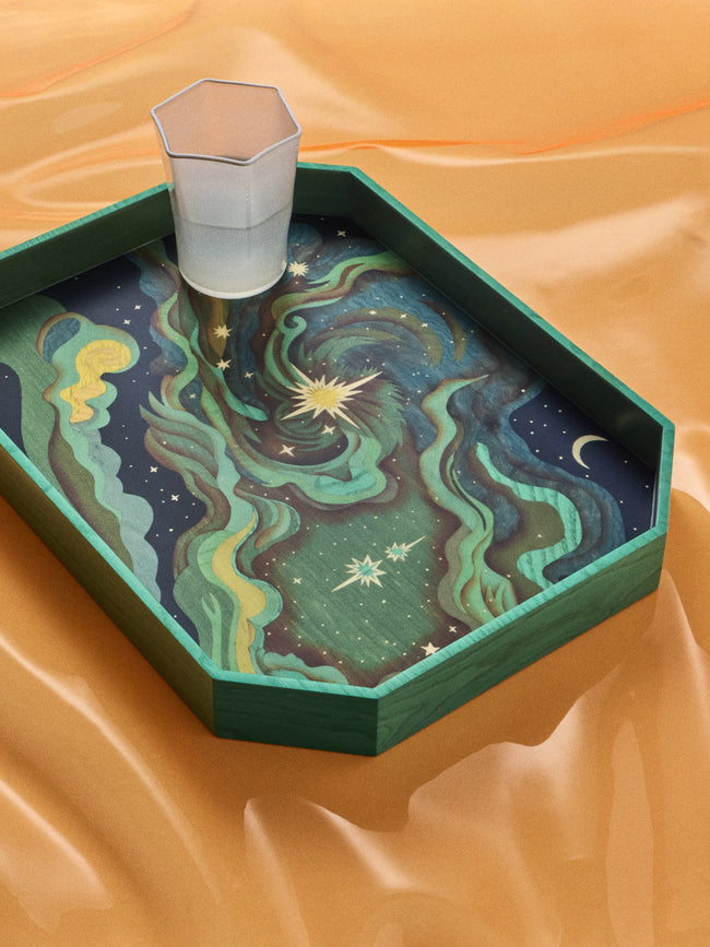 Silvia Furmanovich - Elphaba Sky Marquetry Wood Octagonal Tray (15.5in/40cm) - Multiple - ABASK