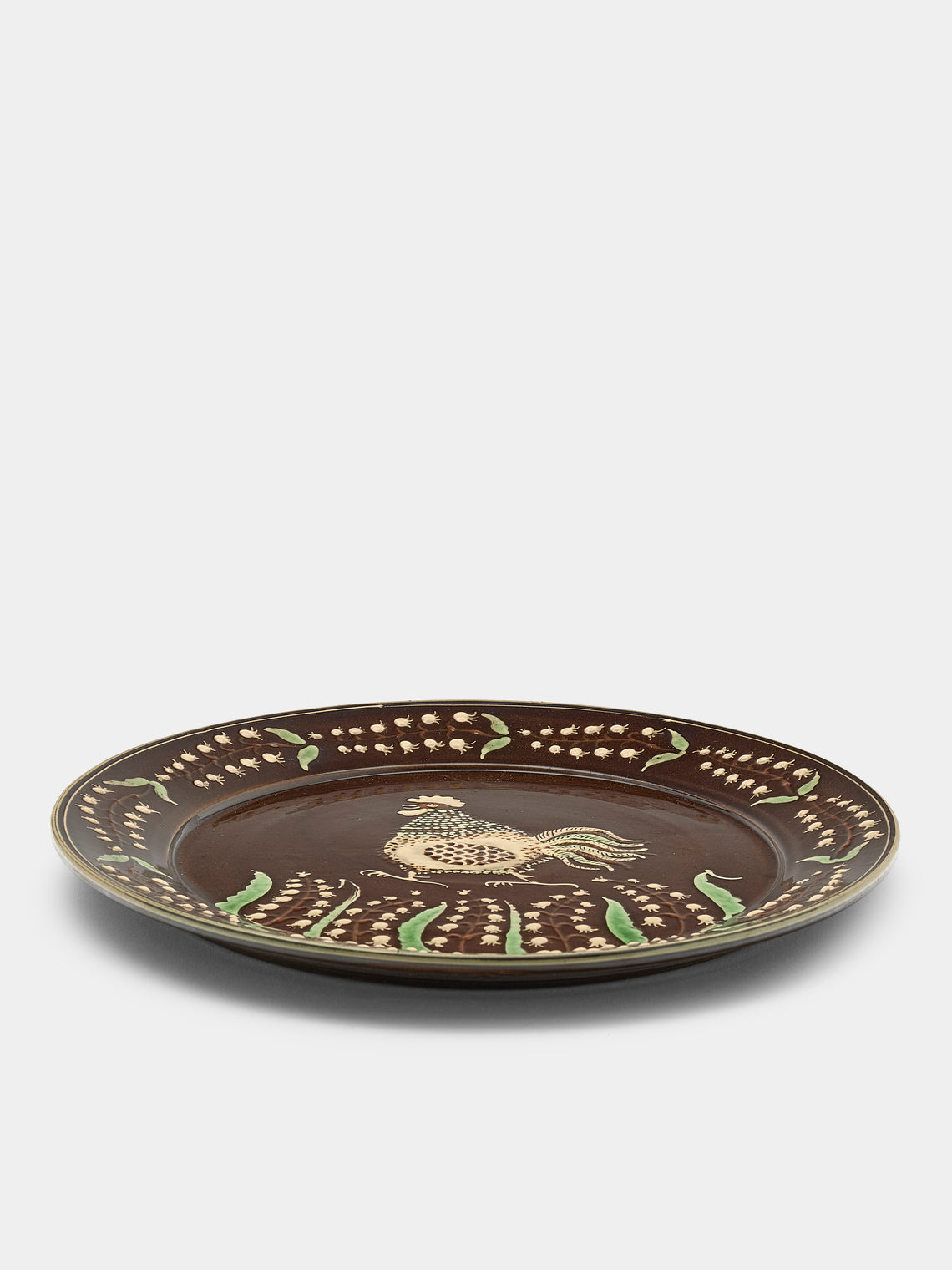 Poterie d’Évires - Chickens Hand-Painted Ceramic Round Platter - Dark brown - ABASK