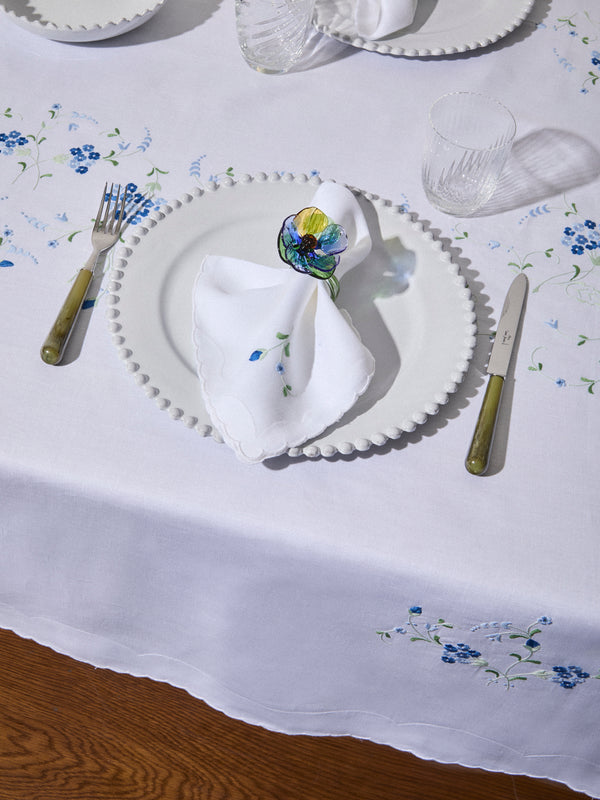 Taf Firenze - | Set of 12 | Hydrangea Hand-Embroidered Linen Tablecloth and Napkins - White - ABASK