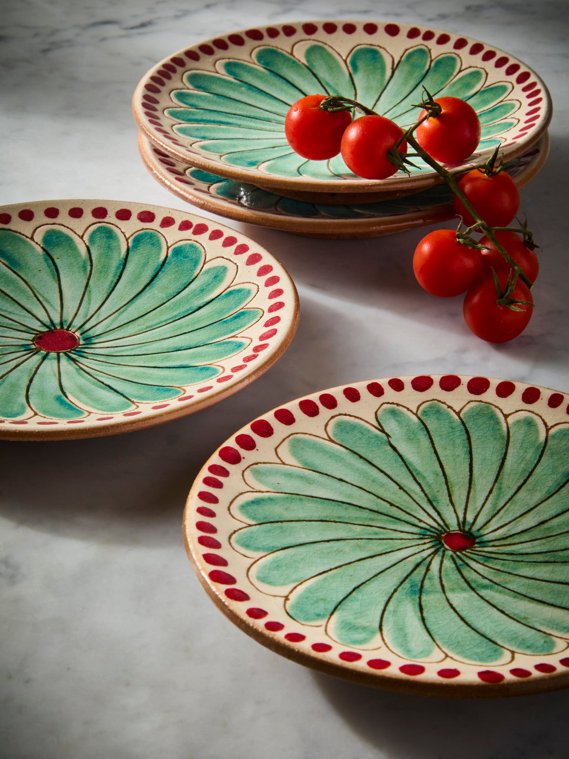 Anut Cairo - Flower Hand-Painted Ceramic Salad / Dessert Plates – 7in/18cm (Set of 4) - Green - ABASK