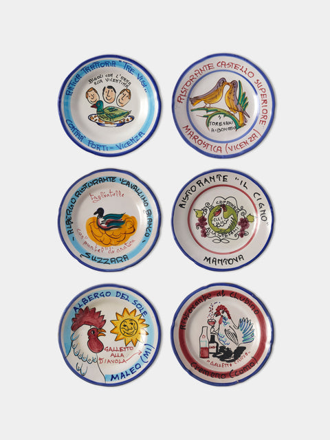 Antique and Vintage - Late-20th-Century Buon Ricordo Hand-Painted Ceramic Dinner Plates – 9in/23cm (Set of 6) - Multiple - ABASK - 