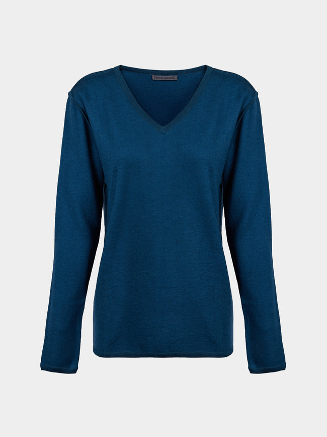 Denis Colomb - Fuzzy Brushed Cashmere V-Neck Sweater | Size: S - Blue - ABASK - 