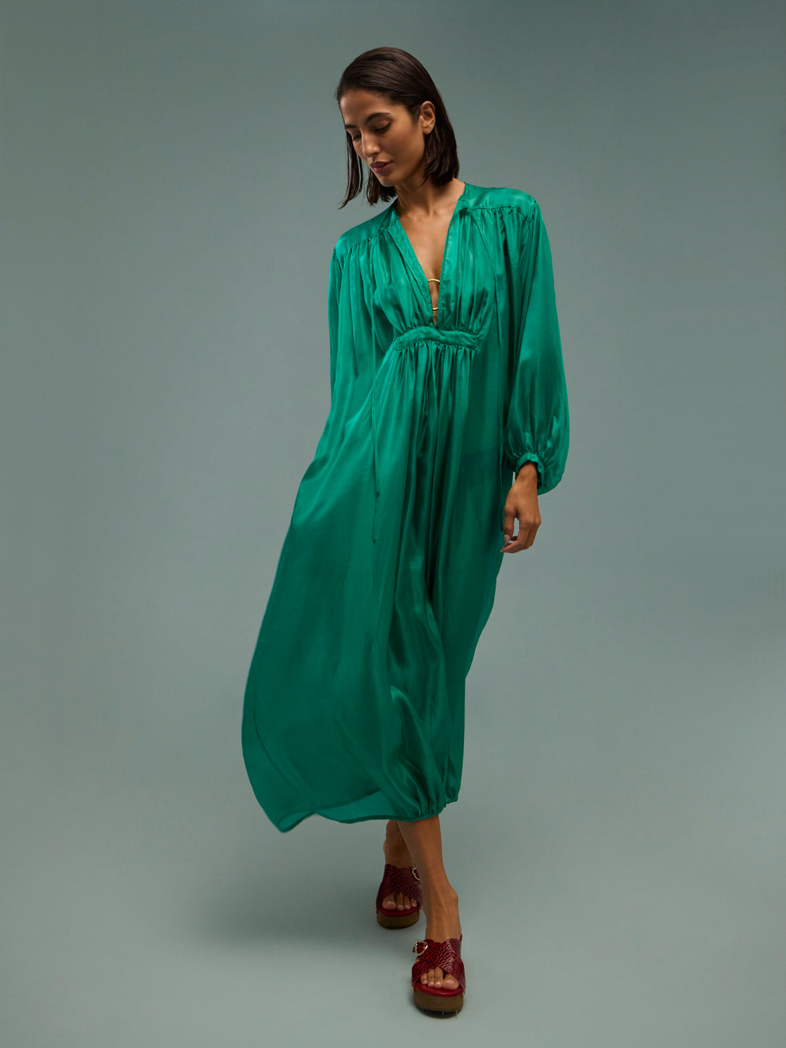 Les Vacances D'Irina - The Hazy Nipple Silk Long Dress | One Size - Green - ABASK