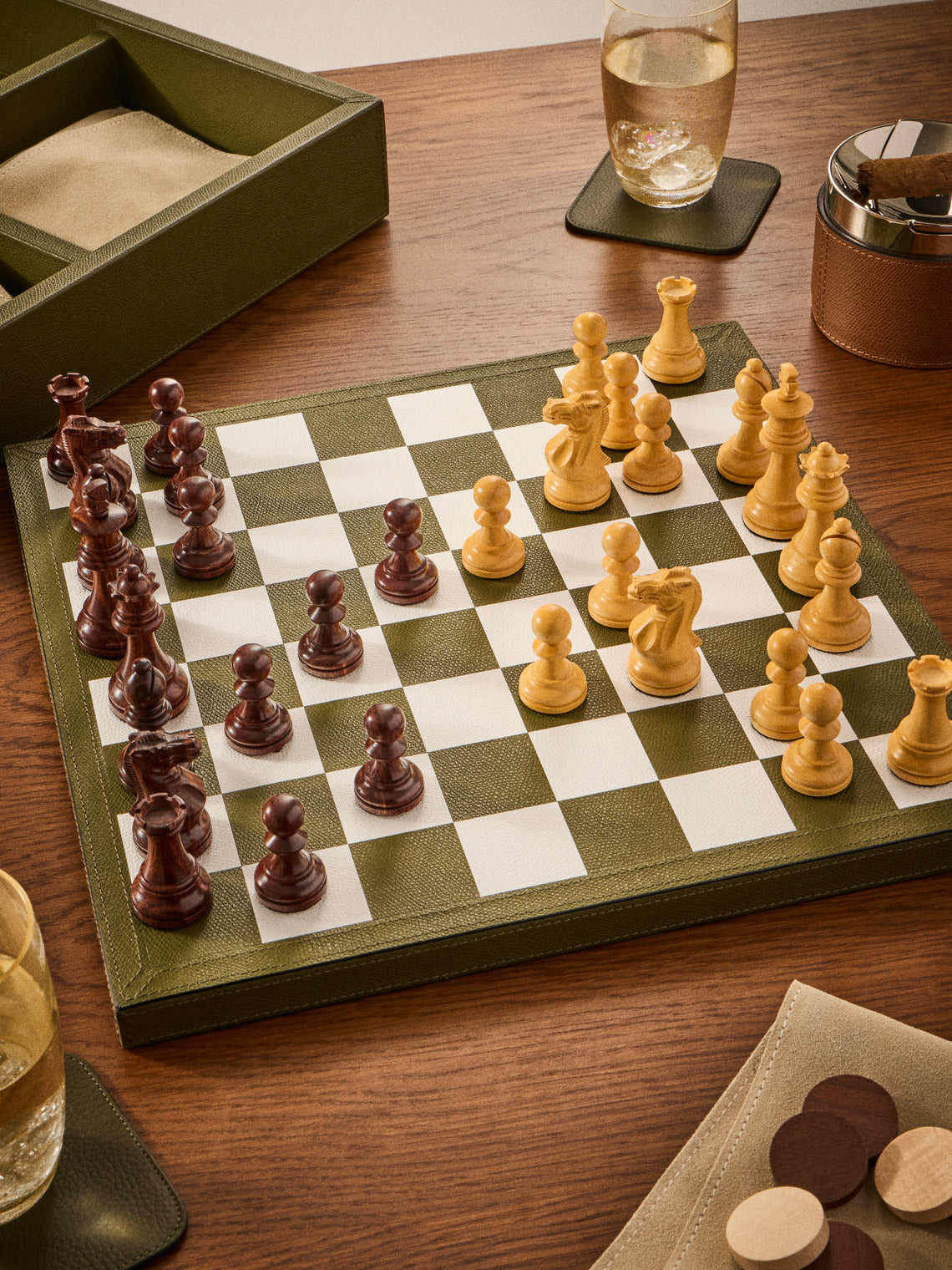 Giobagnara - Leather Triple Checkers, Chess and Dominoes Compendium - Green - ABASK