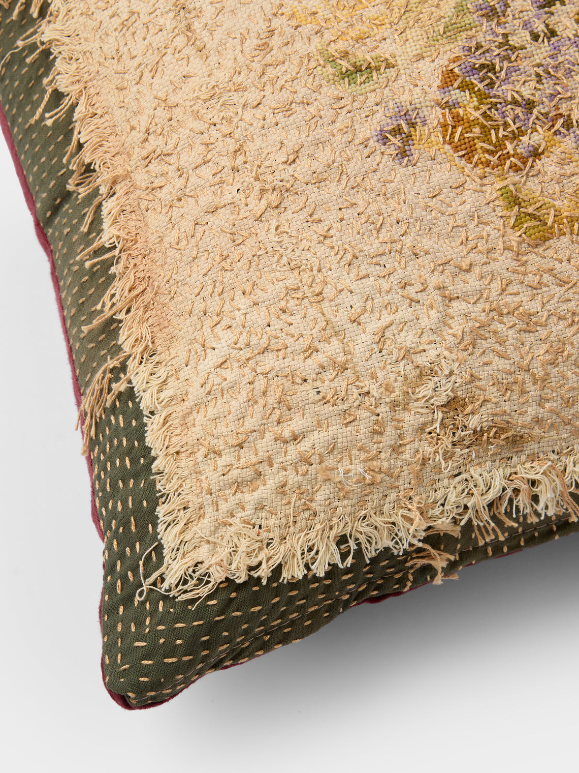 By Walid - 19th-Century Victorian Wool and Glass Beaded Embroidery Damask Cushion (21in/53cm) - Multiple - ABASK