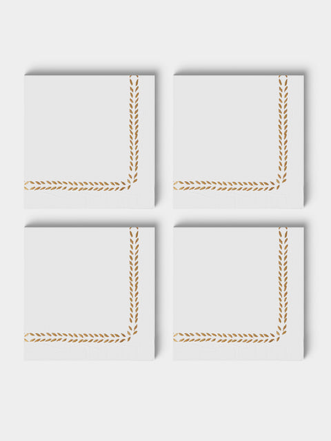 ERI Textiles - | Set of 4 | Marie Gold Hand-Embroidered Linen Napkins - White - ABASK - 