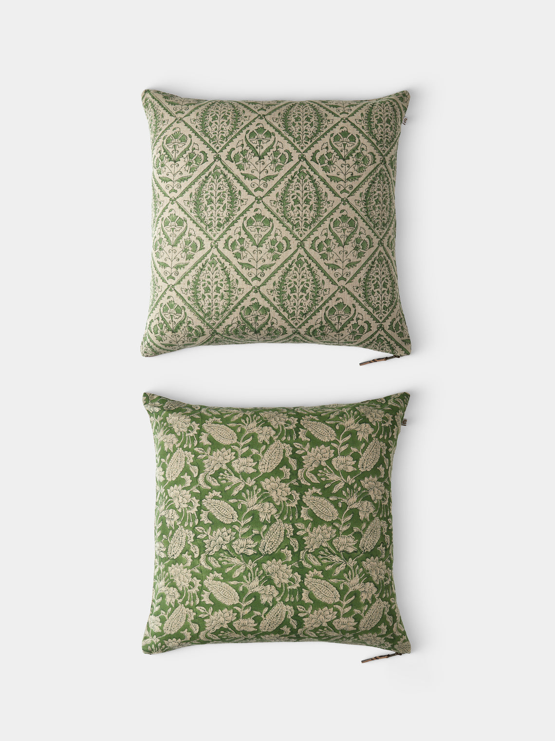 Chamois - | Set of 2 | Block-Printed Linen Cushions (19.5in/50cm) - Green - ABASK - 